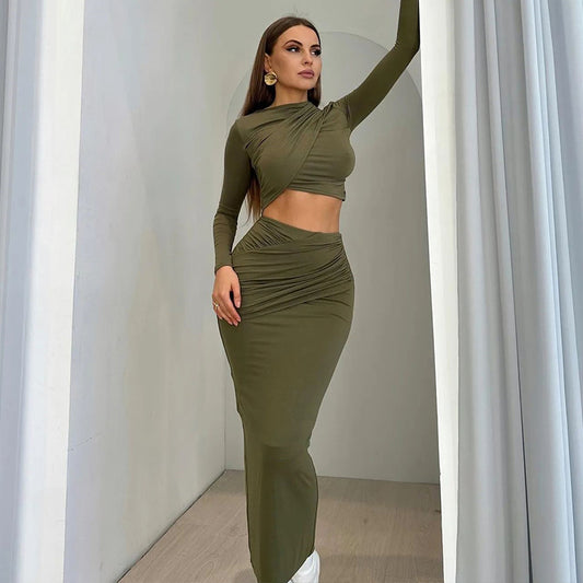 Round-neck Irregular Long-sleeved Crop Top Casual Skirt Two-piece Set