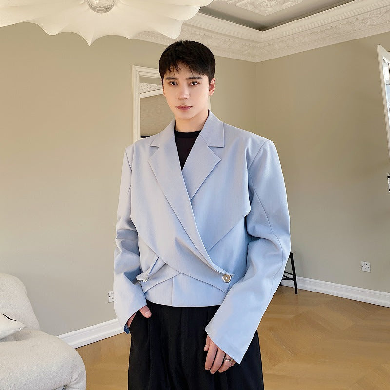 Men's Short Asymmetrical Cross-Collar Blazer With Patchwork Design