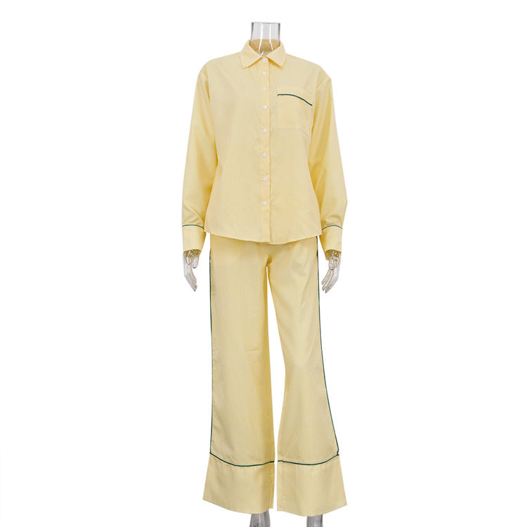 Fashionable Printed Lapel Collar Long-Sleeve Top And Casual Pants Two-Piece Set