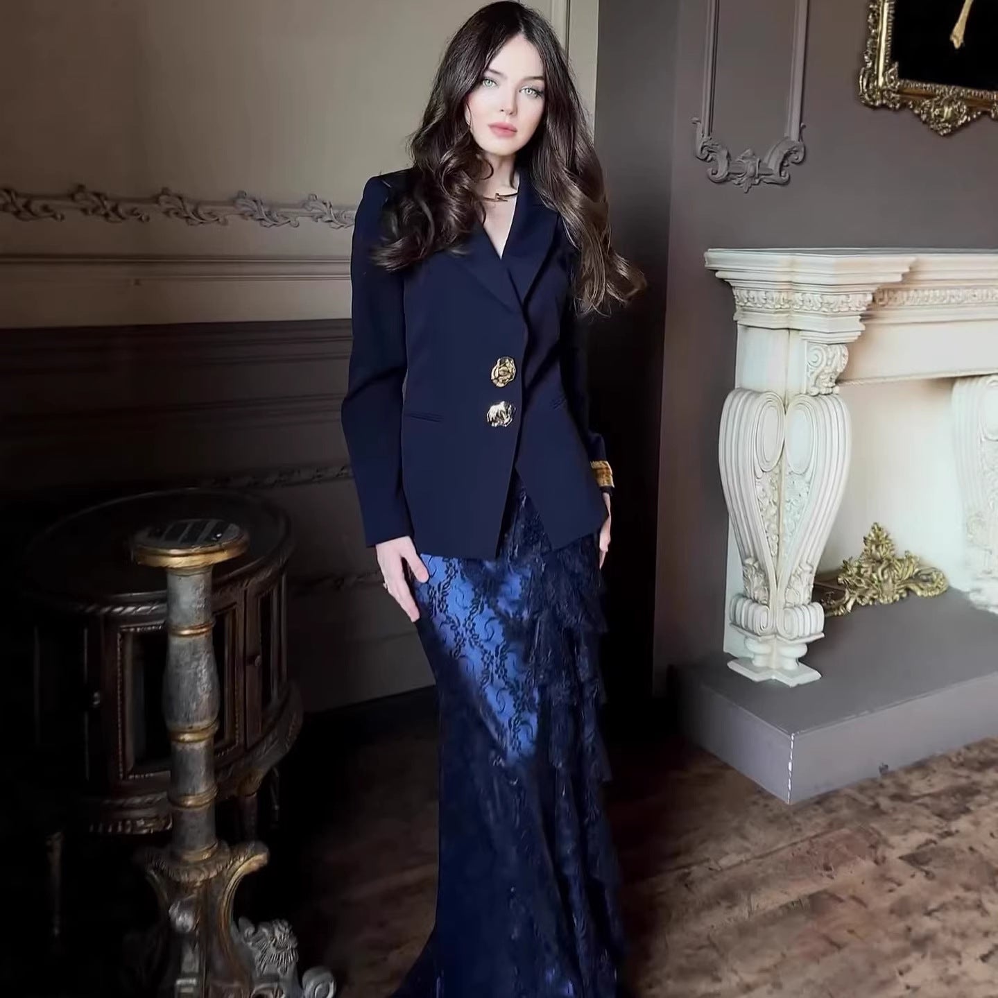 Sophisticated Slim Fit Long Sleeve Tailored Blazer And Skirt Set With A Cinched Waist