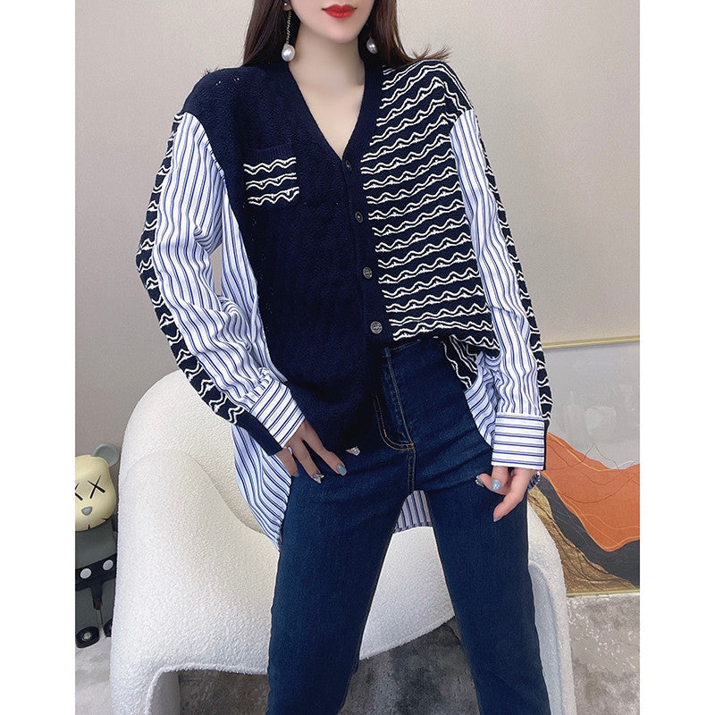 Fashionable V-neck Stitching Striped Loose Thin Top