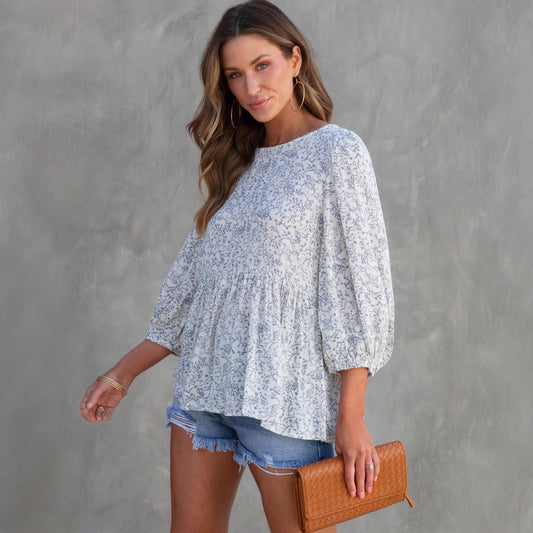 Digital Printing Small Floral Lantern Sleeve Short Sleeve Loose Casual Women's Clothing