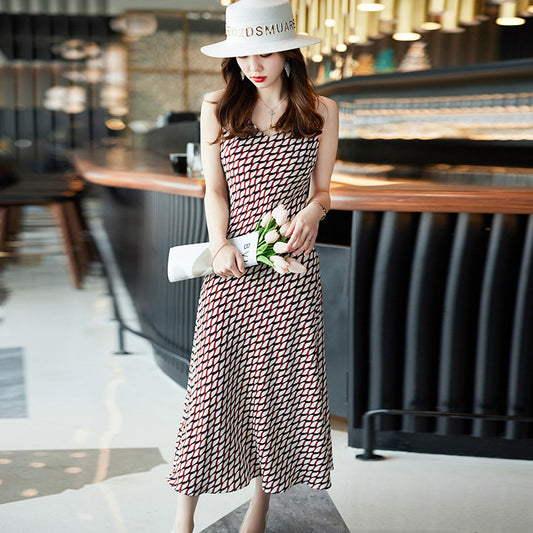 Women's Retro Print Mid-length Suspender Skirt