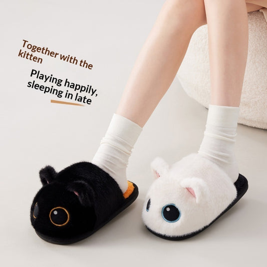 Little Black Cat Floor Cotton Slippers Fleece Lining For Extra Warmth