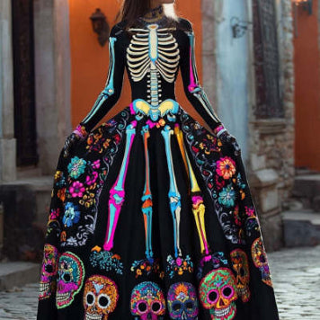 Womens Retro Trendy Long Dress With Skull Print Plus Size