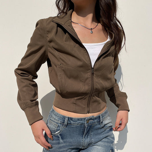 Retro Waist-controlled Zipper Stand-up Collar Jacket