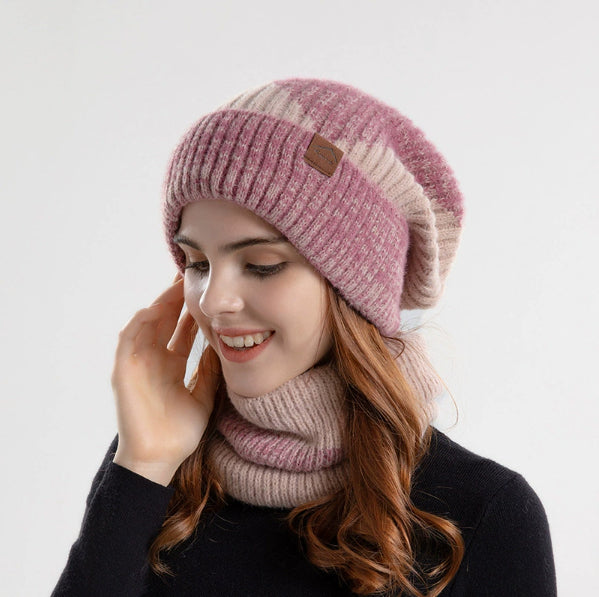 Knitted Hat Suit With Scarf Winter Two-color Hat And Thick Warm Earflaps Wool Scarf 2pcs