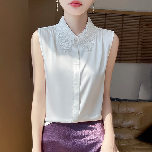 Thin Lace-trimmed Sleeveless Cardigan Vest