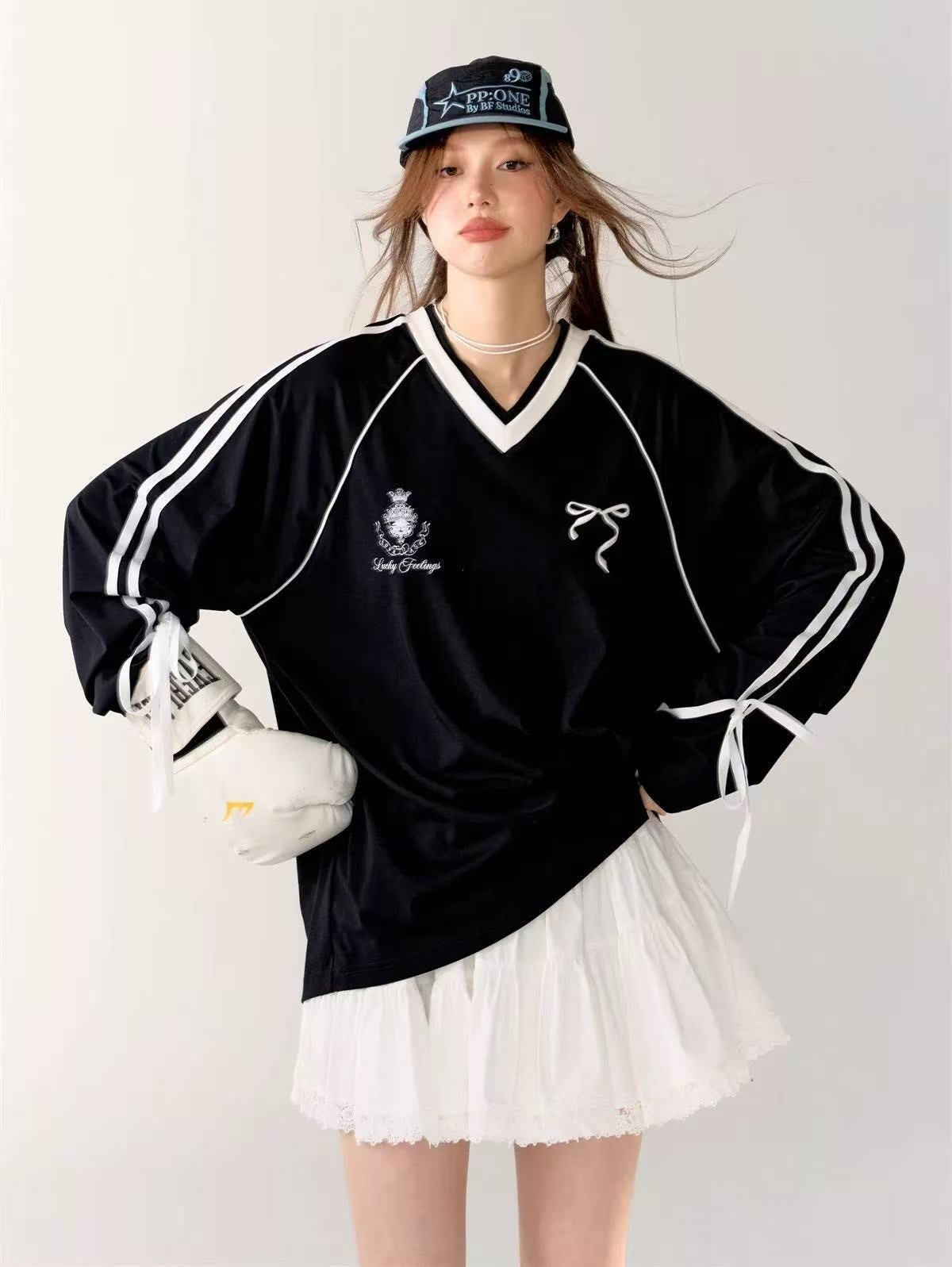 V-neck Tie Butterfly Long Sleeve Loose Sports Jersey Style T-shirt
