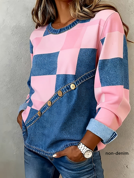 Womens Light Blue Plaid-Panelled Sweatshirt
