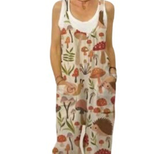 Women's Fashion Print Round Neck Pocket Back Pants