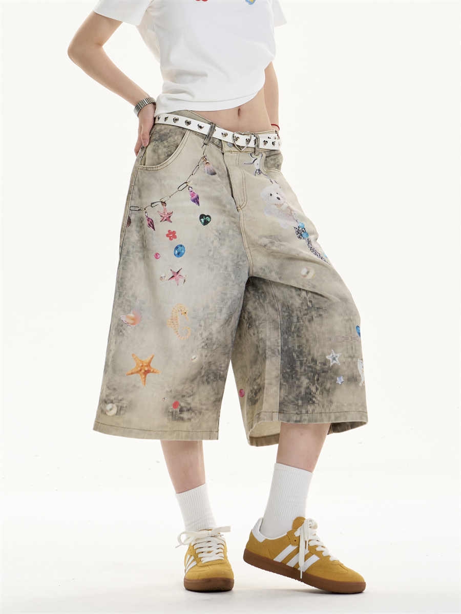Creative Women's Straight Loose Printed Wide-leg Cropped Jeans