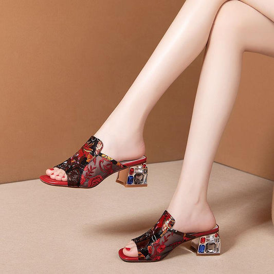 Ethnic Wind Rhinestone Mid-heel Mesh Slippers