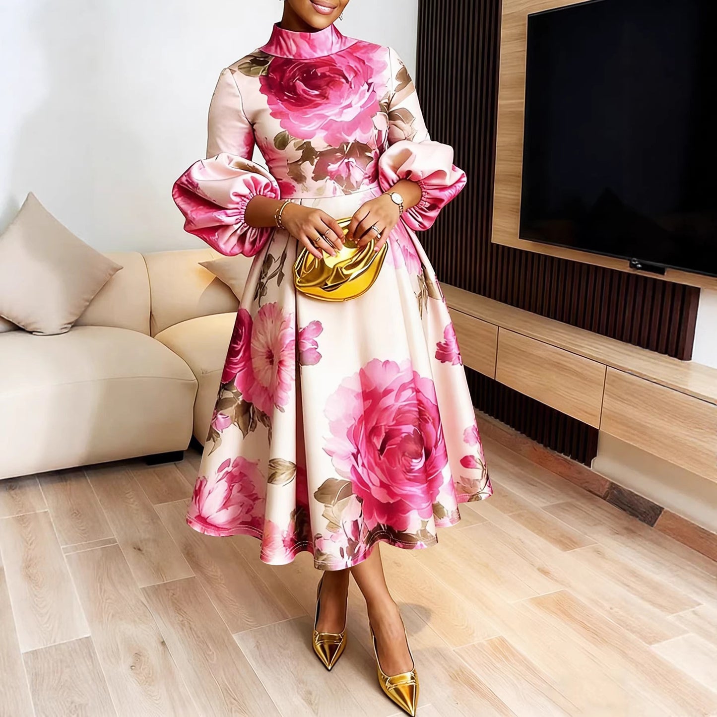 Elegant Printed Stand Collar Lantern Sleeve Waist-Cinching Dress