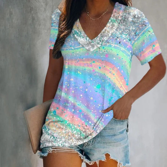 Sommermode Afslappet V-hals Dame Printet Tie-dye Kortærmet T-shirt