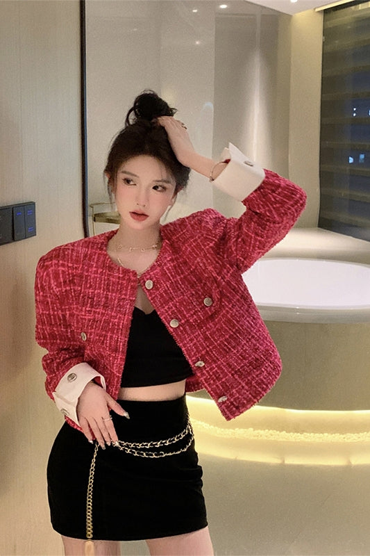 Rose Red Loose Autumn Short Jacket Top Button Long Sleeve