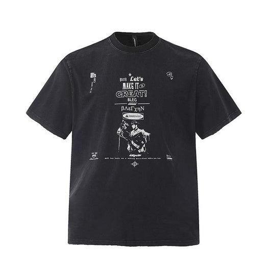 National Fashion American Washed Old Character Letter Print Short-sleeve