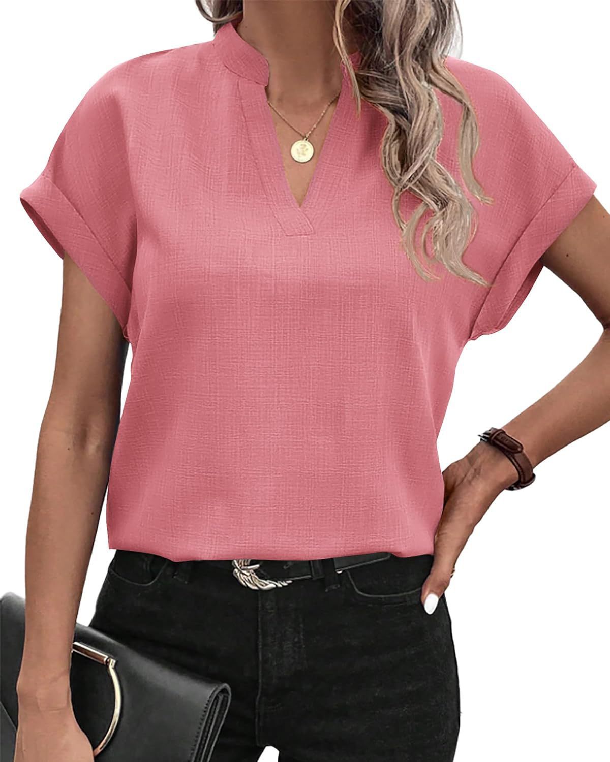 Summer Simplicity Fashion V-neck Short Sleeve Linen Shirt For Women