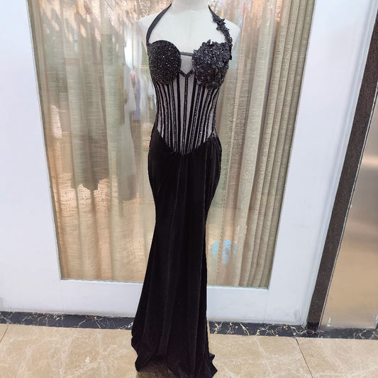 Sexy Halterneck Intricately Beaded Fishtail Bodycon Dress