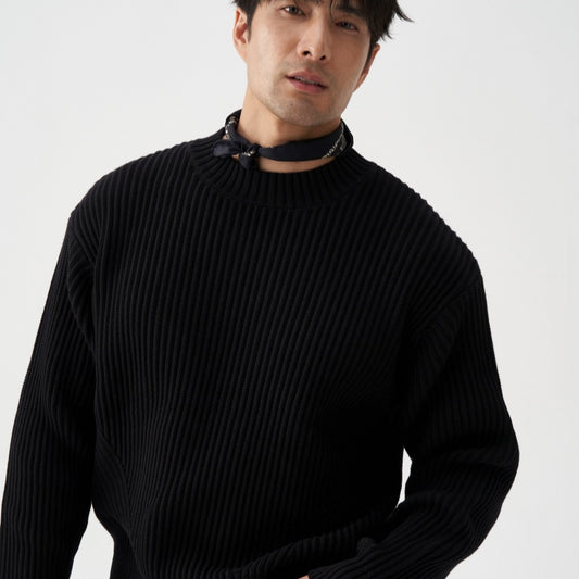 Mens Organic Cotton Ribbed Chunky-Knit Crew-Neck Sweater From Xinjiang