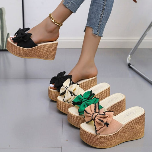 Women's Fashion Simple Bow Slope With Thick Bottom Slippers