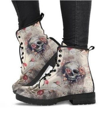 Boots Autumn And Winter Boots Skull And Flower Print Ankle Boots Women's Plus Size