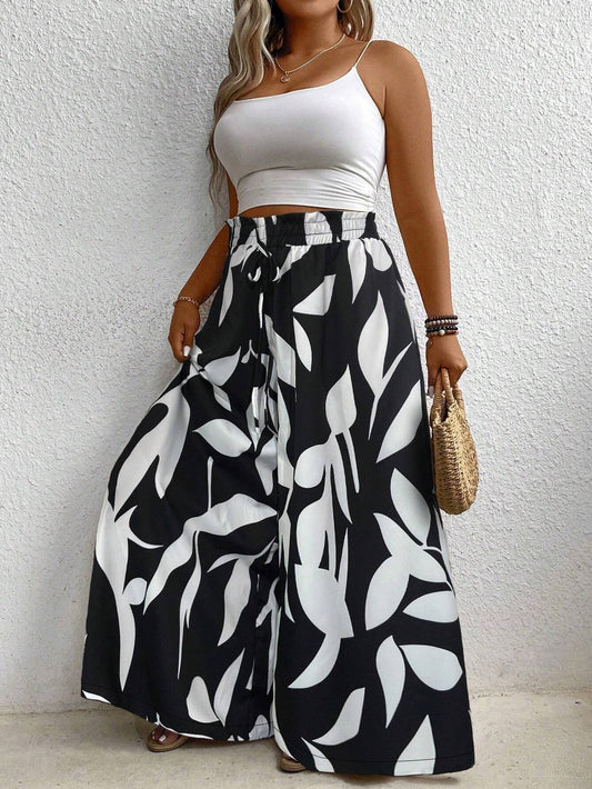 Stylish Plus-size Versatile Casual Elegant Floral Wide-leg Pants