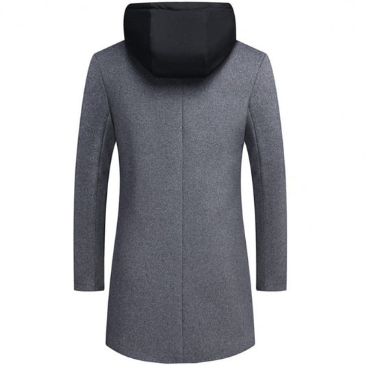 Men's Casual Woolen Coat Mid-length Detachable Hat Jacket