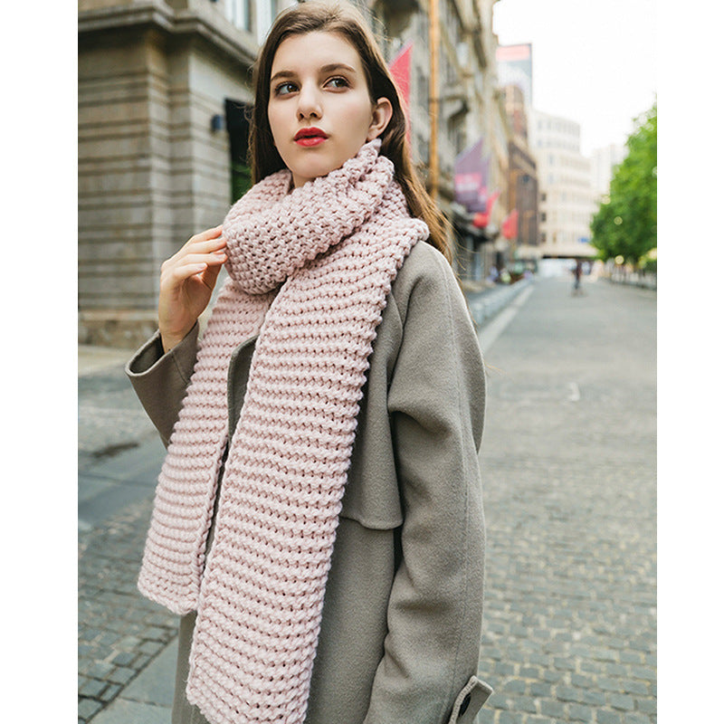 Handmade thick wool pure color knitted scarf