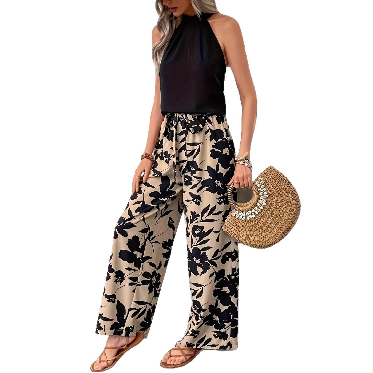 Comfortable Printed Pants Elastic Waist Wide-Leg Pants Womens Casual Trousers