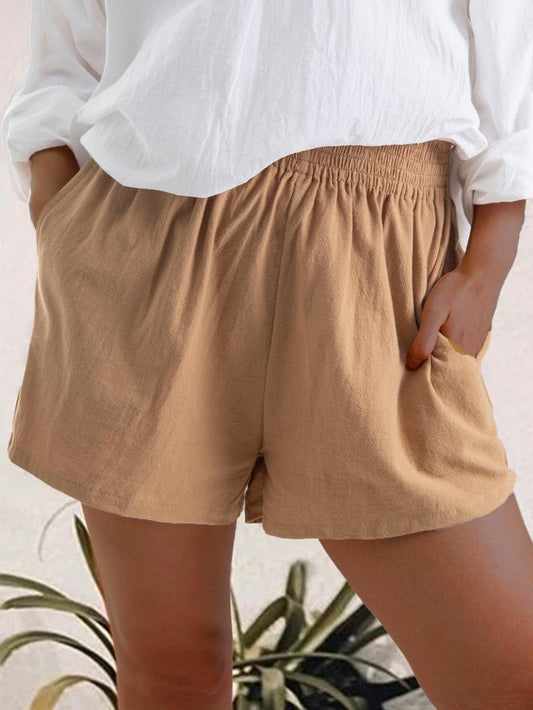 Women's High Waist Solid Color Casual Linen Pocket Straight Shorts