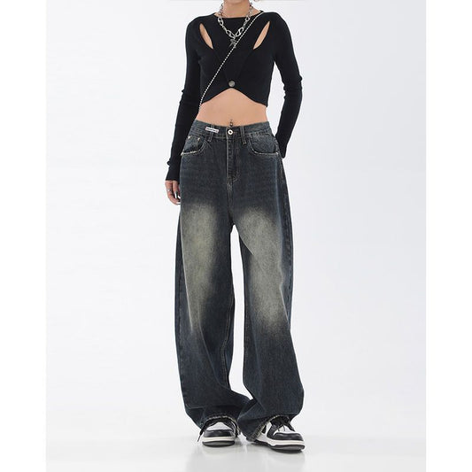 Patch Straight Jeans til kvinder Høj Street Retro Høj Talje