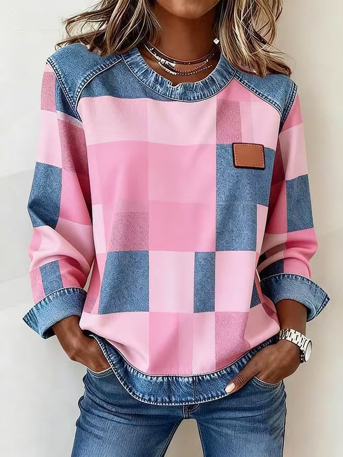 New Plaid Patchwork Loose-fitting Womens Crew-neck Blouse
