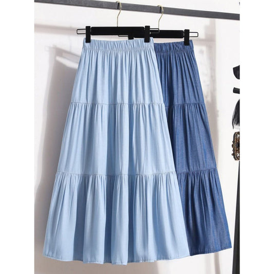 Elastic Waist Ice Silk Denim Skirt For Women