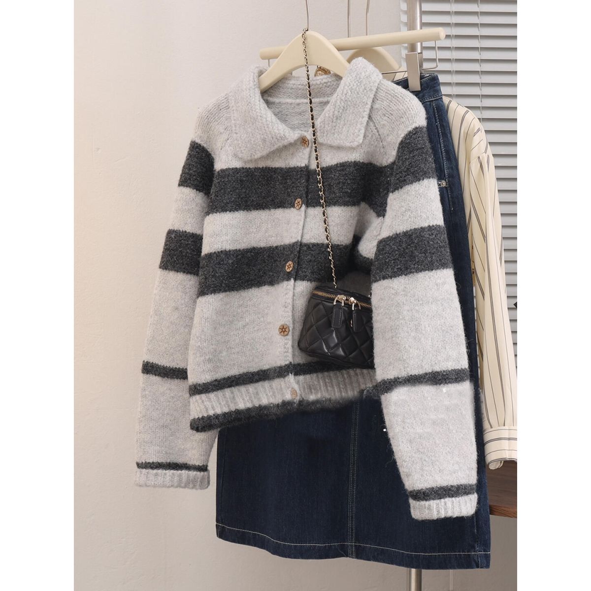 Women's Lapel Stripe Sweater Coat