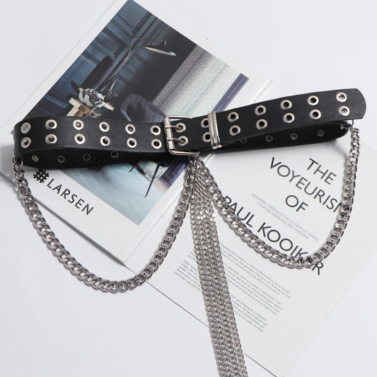Fashion All-match Black Belt Tassel Chain Double Row Perforated Hundred Matching Waist Seal