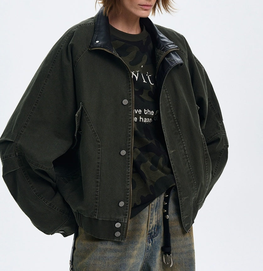 American Barn Style Color Block Leather Collared Jacket