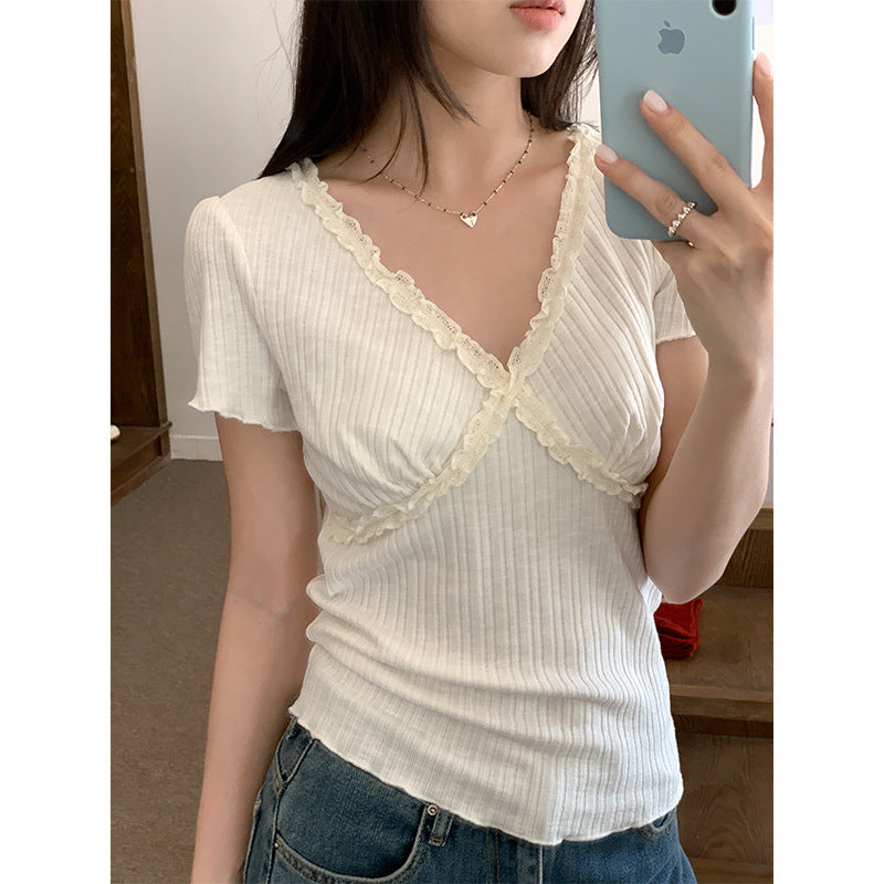 Dame Blonde V-hals Kortærmet T-shirt Slim-fit Croptop