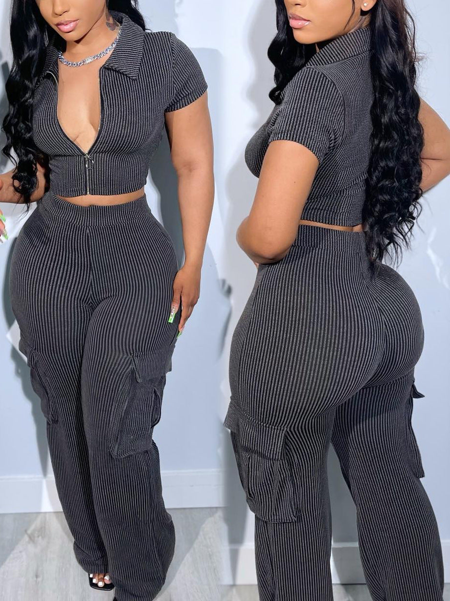 Zip-up Top With Multiple Pockets And Long Pants Casual Solid-color Two-piece Set