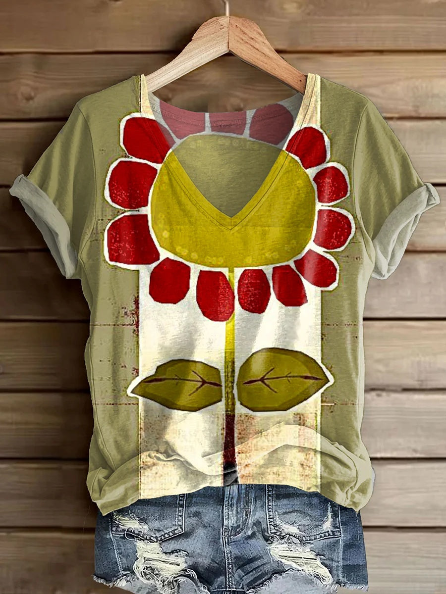 Europe And America Cross Border 3D Printed T-shirt Loose V-neck Pullover Short Sleeve Top For Women
