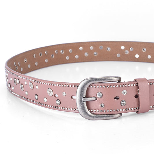 Fashion Trend Ladies Leather Rivet Rhinestone Inlaid Pin Buckle Belt