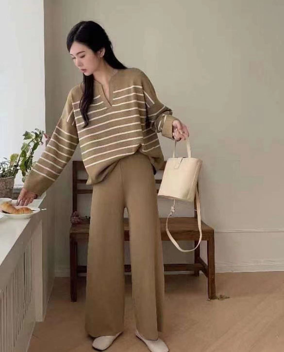 Casual High Waist Drooping Knitted Wide-leg Pants