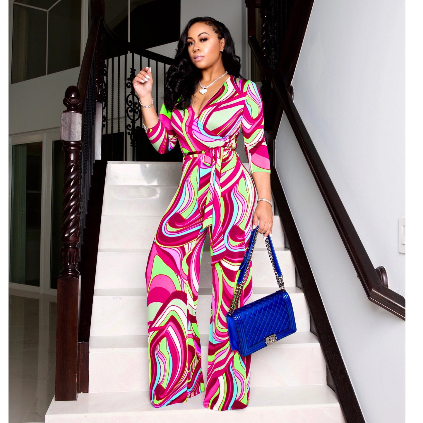 Women's V-Neck Long Sleeve Print Jumpsuit