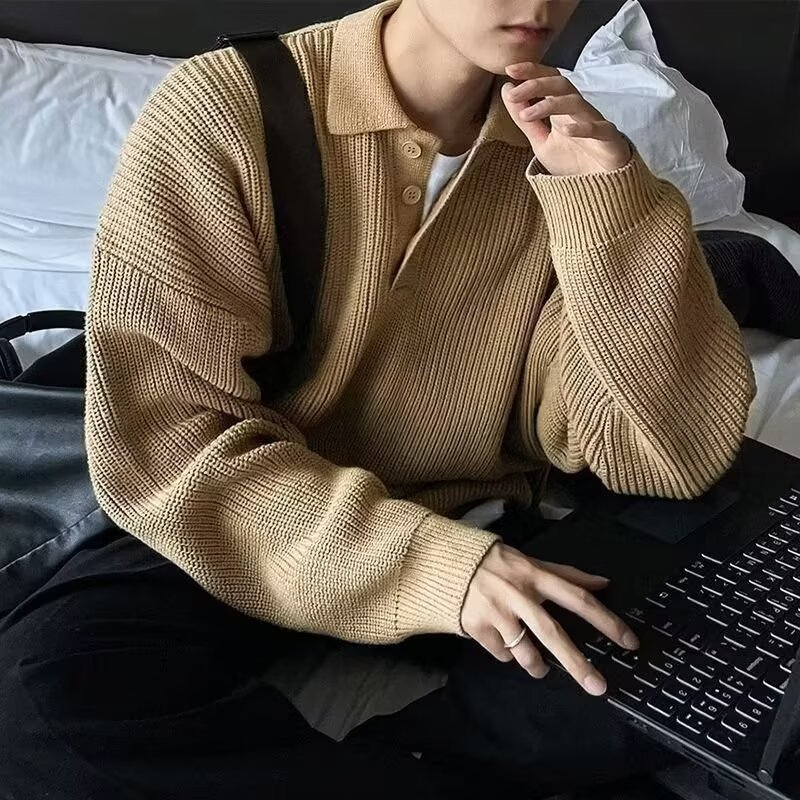 Men's Polo Shirt Turn-down Collar Long-sleeve Knit Sweater