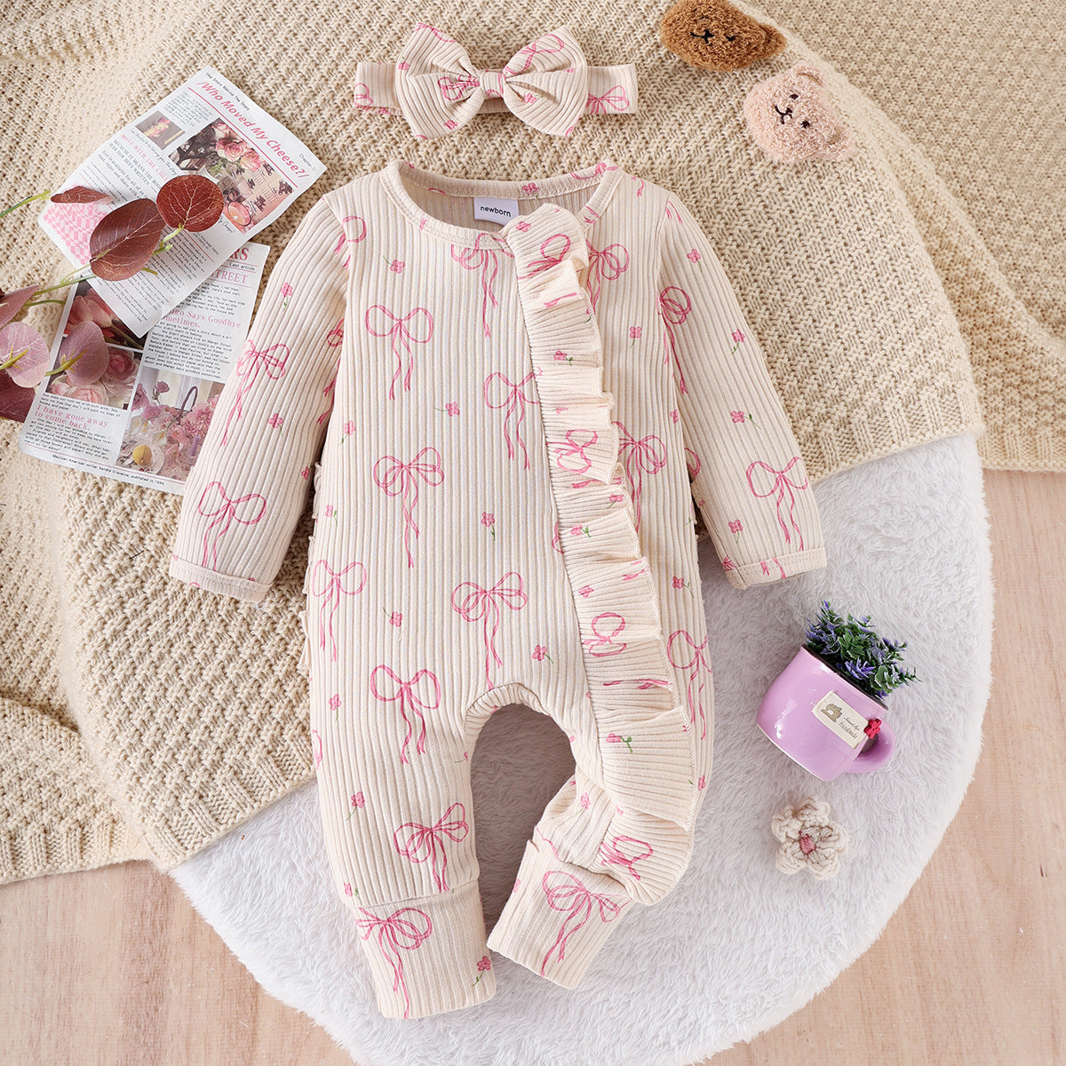 Baby Creative Bowknot Printed Long Sleeve Jumpsuit Suit