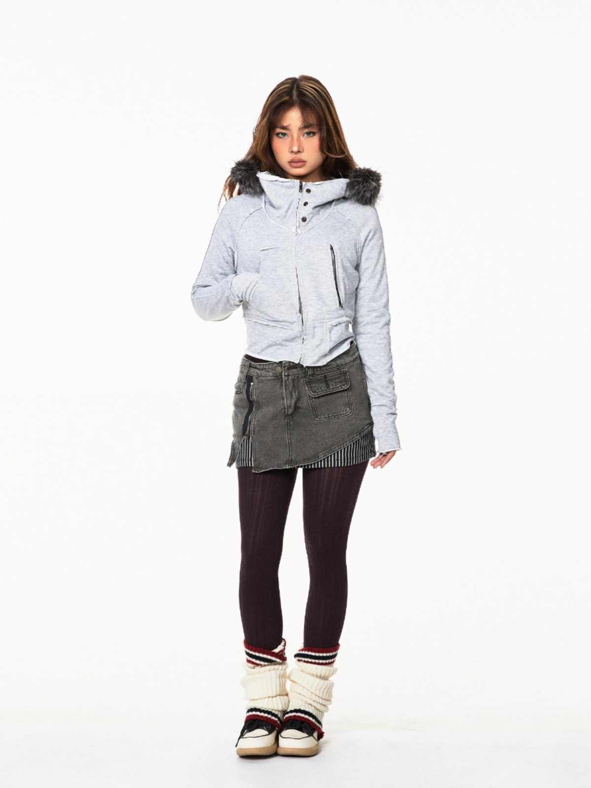 Hooded Cardigan Fur Collar Sweater Zipper Pocket Short Coat