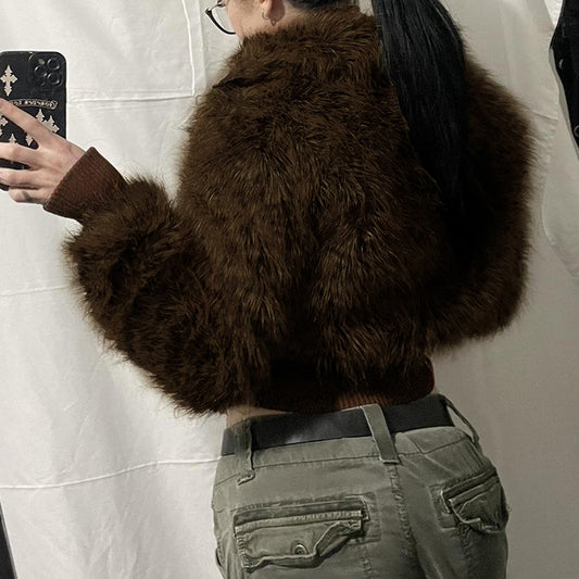 American Street Style Lapel Patchwork Furry Short Coat