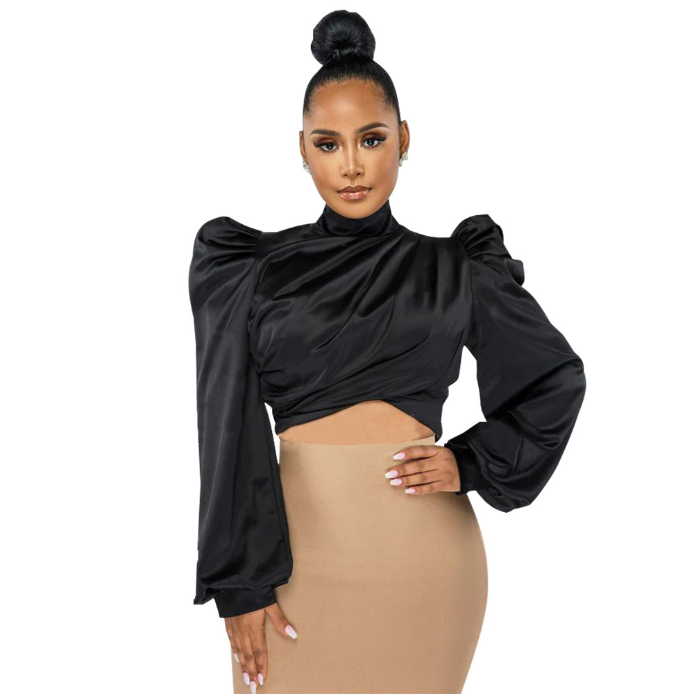 Women's Wear Puff Sleeve High Neck Short Artificial Silk Top