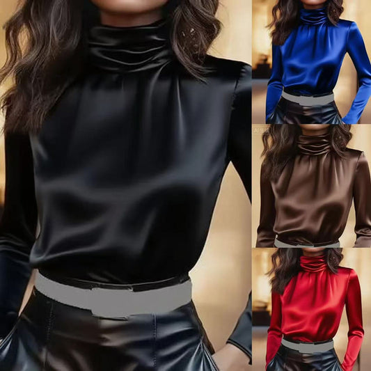 New Womens Simple Retro Turtleneck Solid-Color Long-Sleeve Shirt
