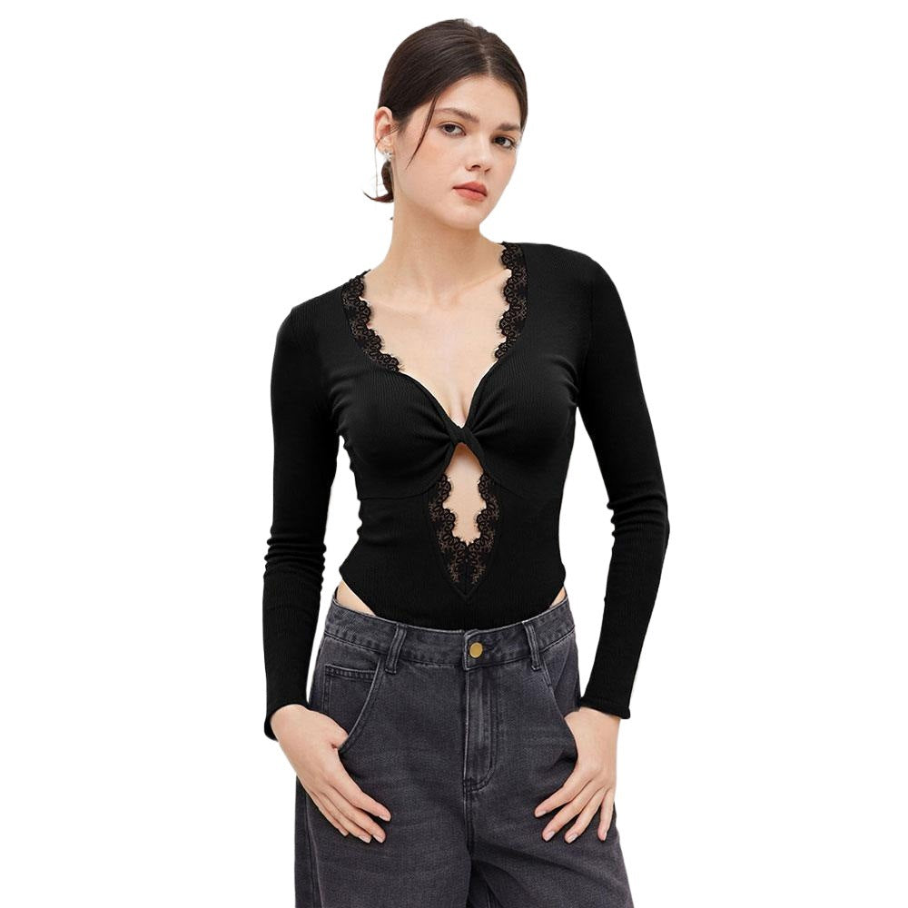 Autumn And Winter Black V-neck Lace-trimmed Twist Long-sleeved Hollow-out Design Slim-fit Bodysuit